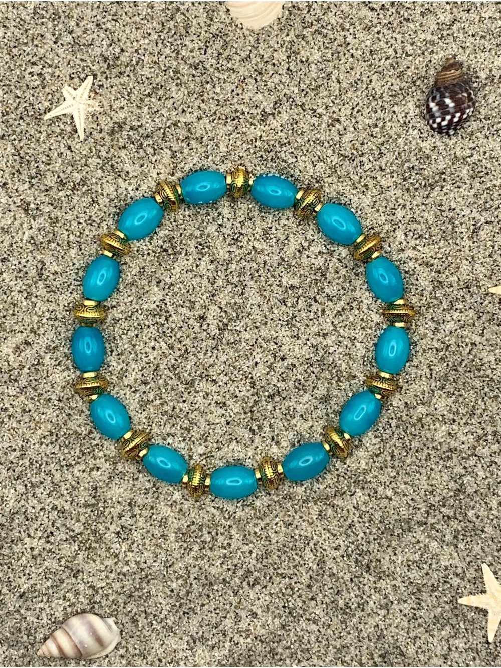 Turquoise Bead Stretch Bracelet with Gold Accents - Women Jewelry